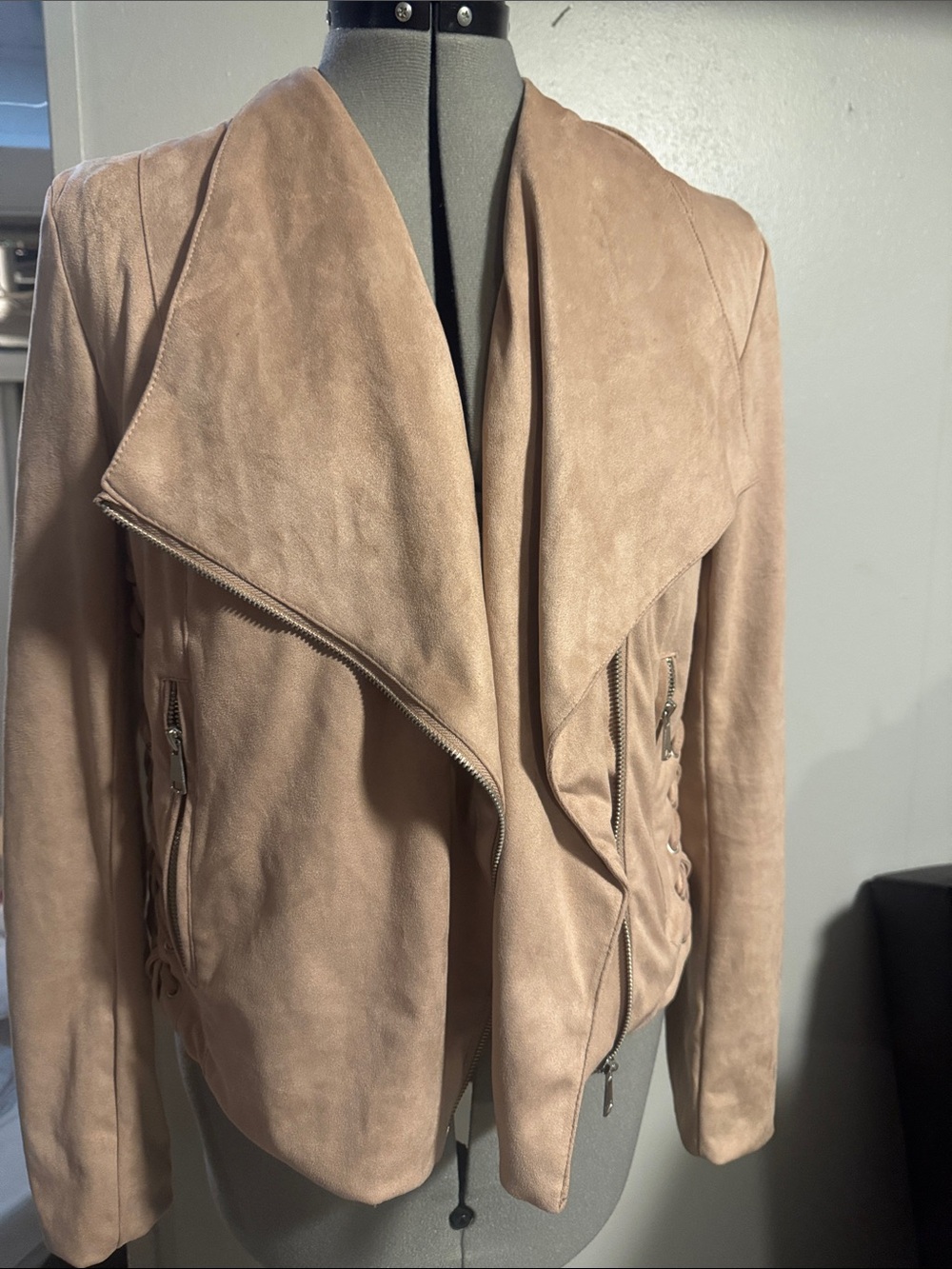 Francesca's Collections Blush Suede-Effect Draped Zip Jacket